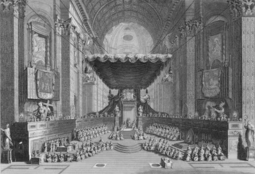 Canonização dos Santos na Igreja de São Pedro, em Roma, em 1712, gravada por T. Brown, de "World Religion", publicado por A. Fullarton und Co.